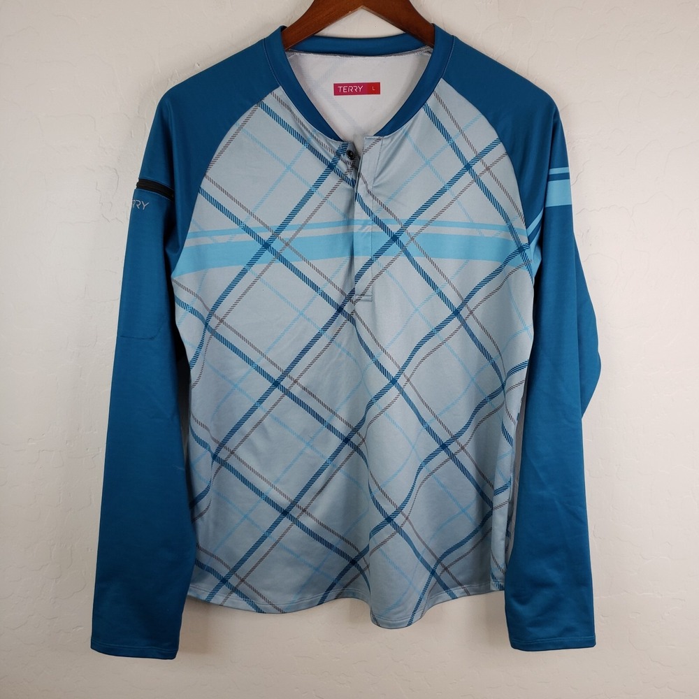 Terry Bicycles Women's Large Blue 1/4 Button Up Top Long Zip‎ Pocket Sleeve